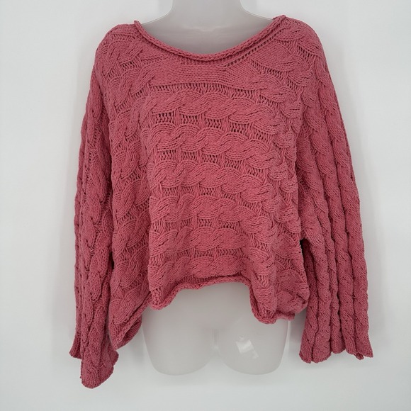 POL Anthropologie Sz M Chunky Knit Oversized Pink Boxy Cropped Boho Sweater - Picture 1 of 6
